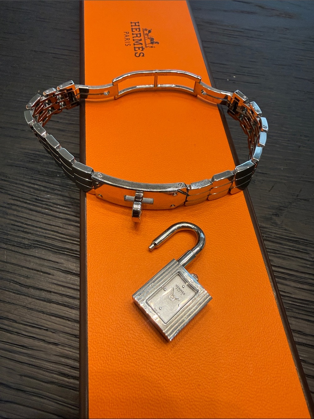 Hermes Silver Padlock Watch Bracelet with Orange Box Accent